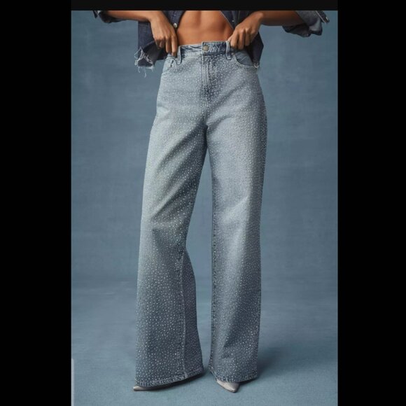 NWT Anthropologie Good American Good Ease High-Rise Rhinestone Wide-Leg Jeans 27 - Picture 2 of 11